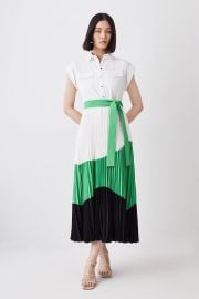 Color Block Pleated Woven Midi Shirt Dress at Karen Millen