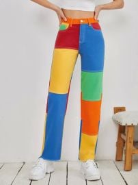 Color Block Raw Hem Straight Leg Jeans at Shein