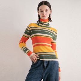 Colorful Striped Print Long Sleeve Turtleneck Rib Knit Fitted Top Fox Sweaters at Fox Sweaters