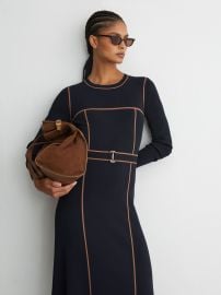 Colour-Block Knitted Midi Dress in Navy/Camel - Size XS (US 2) at Reiss