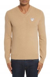 Comme des Gar  ons PLAY White Heart Wool V-Neck Sweater at Nordstrom