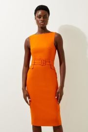 Compact Stretch Belted Tailored Midi Pencil Dress at Karen Millen