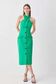 Compact Stretch Halter Neck Button Detail Midi Dress at Karen Millen