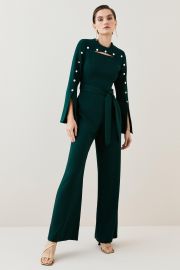 Compact Viscose Stud Sleeve Wide Leg Jumpsuit at Karen Millen