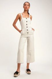 Conley Beige Striped Button-Up Culotte Jumpsuit at Lulus