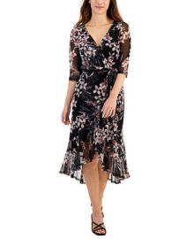 Connected Petite Printed Mesh Faux-Wrap Dress - Macys at Macys