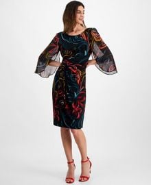 Connected Womens Chiffon Cape-Sleeve Sheath Dress - Macys at Macys