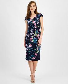 Connected Womens Printed V-Neck Scuba Crepe Sheath Dress - Macys at Macys