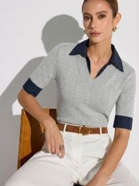 Contrast Collar Elbow Sleeve Knit Top COMMENSE at Commense