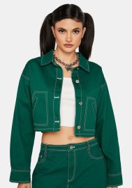 Contrast Stitch Cropped Denim Jacket - Green Dolls Kill at Dolls Kill