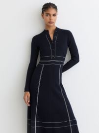 Contrast-Stitch Knitted Midi Dress in Navy at Reiss