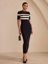 Contrast Striped Short Sleeve Ribbed Midi Dress COMMENSE at Commense