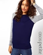 Contrast sleeve sweater in navy blue at Asos