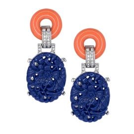 Coral Top Carved Lapis Drop Deco Clip Earrings KennethJayLanecom at Kenneth Jay Lane