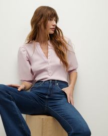 Coralee Half Button-Down Short Puff-Sleeve Top at Veronica Beard