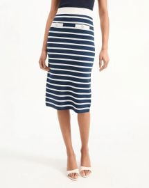 Corbin Striped Midi Skirt in Navy amp White at Veronica Beard