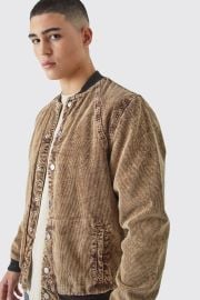 Cord Acid Wash Quilted Bomber Jacket In Chocolate boohooMAN USA at Boohoo