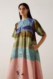 Cord Multi Color Cotton Bandeau Neck Skater Print A line Midi Dress at Aza