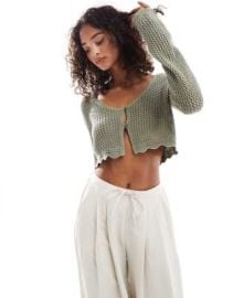 Cotton On crochet scallop cardigan in artichoke at ASOS