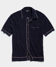 Cotton Silk Short Sleeve Full Placket Riviera Polo in Navy - Todd Snyder at Todd Snyder