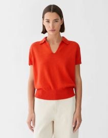 Cotton Silk Short Sleeve Polo Sweater in Orange Poppy at Lafayette 148 NY