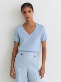 Cotton-Wool Knit V-Neck Top in Soft Blue - Size XS (US 2) at Reiss