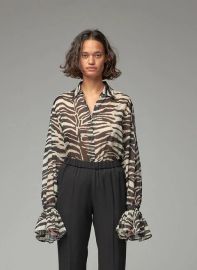 Cotton Zebra Ruffle Sleeve Blouse at Dries van Noten