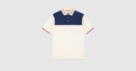 Cotton polo with embroidered collar in off-white and blue   US at Gucci