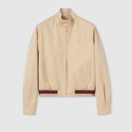 Cotton twill zip jacket with Web in sand US at Gucci