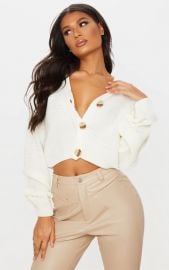 Cream Chunky Knit Button Down Cropped Cardigan by Pretty Little Thing at Pretty Little Thing