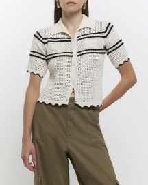 Cream crochet stripe polo top at River Island