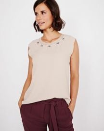 Crepe Blouse with Jeweled Neck Detail at RW&CO