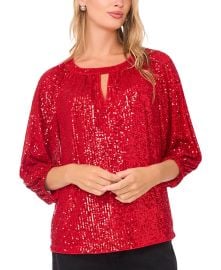 Crewneck Keyhole Sequin Puff 3/4-Sleeve Top at Macys