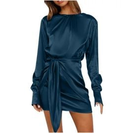 Crewneck Satin Dress Long Sleeve Ruched Tie Waist Wrap Dress at Walmart