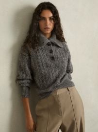 Cropped Cable-Knit Jumper With Mohair in Charcoal - Size XS (US 2) at Reiss