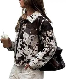 Cropped Denim Jacket Cow Print Jacket for Women 2024 Trendy Western Cowgirl 2000s Fall Fashion Streetwear at Amazon