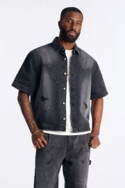 Cropped Splatter Paint Distressed Carpenter Work Shirt - Black Wash Fashion Nova at Fashion Nova