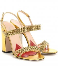 Crystal metallic leather sandals at Mytheresa