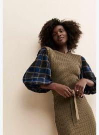 Current Air Los Angeles Sweater Dress Brown Ribbed Knit Plaid Balloon Sleeve XS at eBay