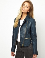 Curved hem leather jacket at Asos