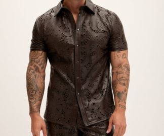 Cut-out amp See-through Leather Shirt - Dark Brown - at Ron Tomson
