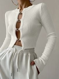 Cutout Split Beads Detail Ribbed Knit Top COMMENSE at Commense
