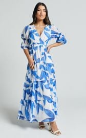 Cynthia Midi Dress - V Neck Puff Sleeve Tiered Dress in Blue and White Print Showpo USA at Showpo