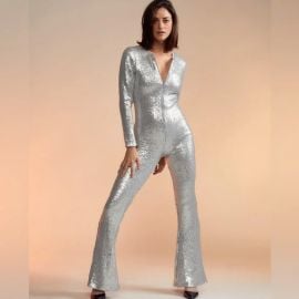 Cynthia Rowley Silver Sequin Jumpsuitwith front zipper at Poshmark