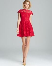 Cynthia Steffe Dress - Illusion Neckline Cap Sleeve Fit and Flare Hannah at Bloomingdales