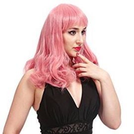 DAOTS Medium Length Wig with Bangs Synthetic Curly Wigs for Women with Cap and Bobby Pins  Pink at Amazon