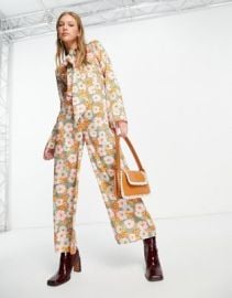 DESIGN 70s neck tie tea jumpsuit in retro floral at ASOS