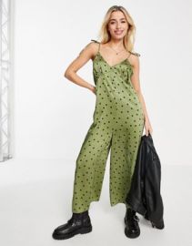 DESIGN 90s satin tie shoulder jumpsuit in khaki dot at ASOS