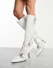 DESIGN Caution heeled hardware knee boots in white at ASOS