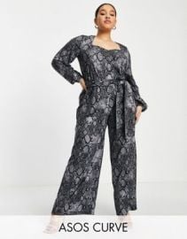 DESIGN Curve belted jumpsuit with volume sleeves in snake print at ASOS